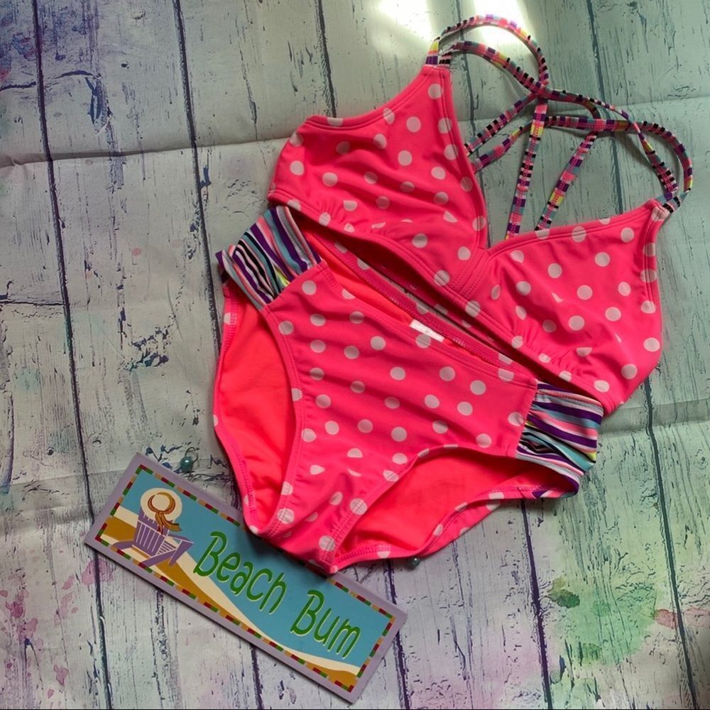 Xhilaration Girl's pink white polka dots bikini.